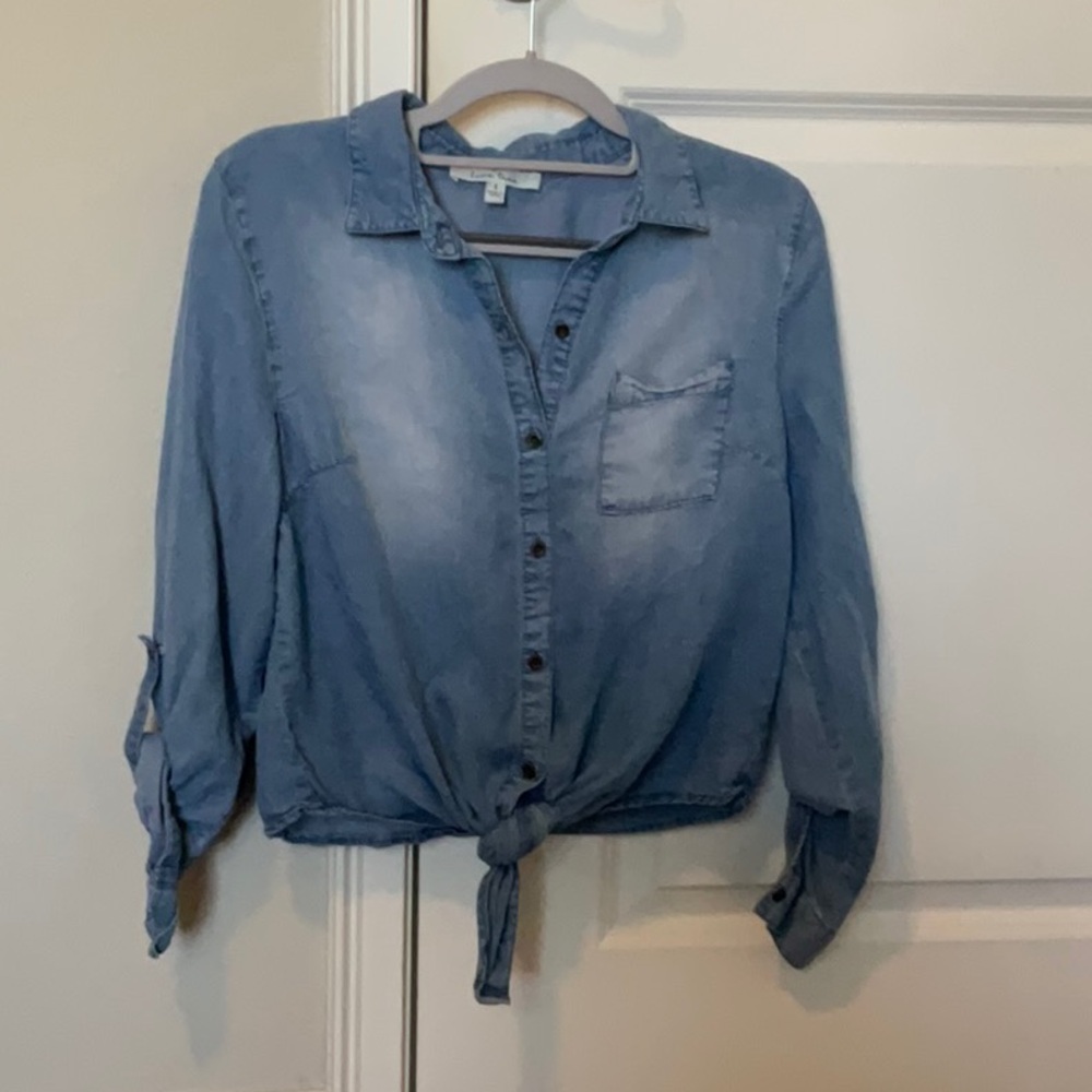 Blue Denim Button-Up Tie Front Shirt